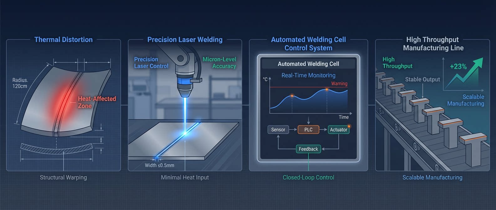 precision-laser-welding-automation-thermal-distortion-high-volume-manufacturing-vector
