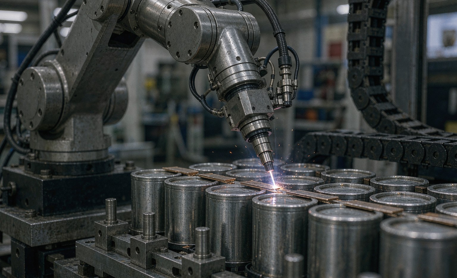 Laser Welding Robots in EV Battery Manufacturing Robot laser welding nickel tabs on cylindrical battery cells
