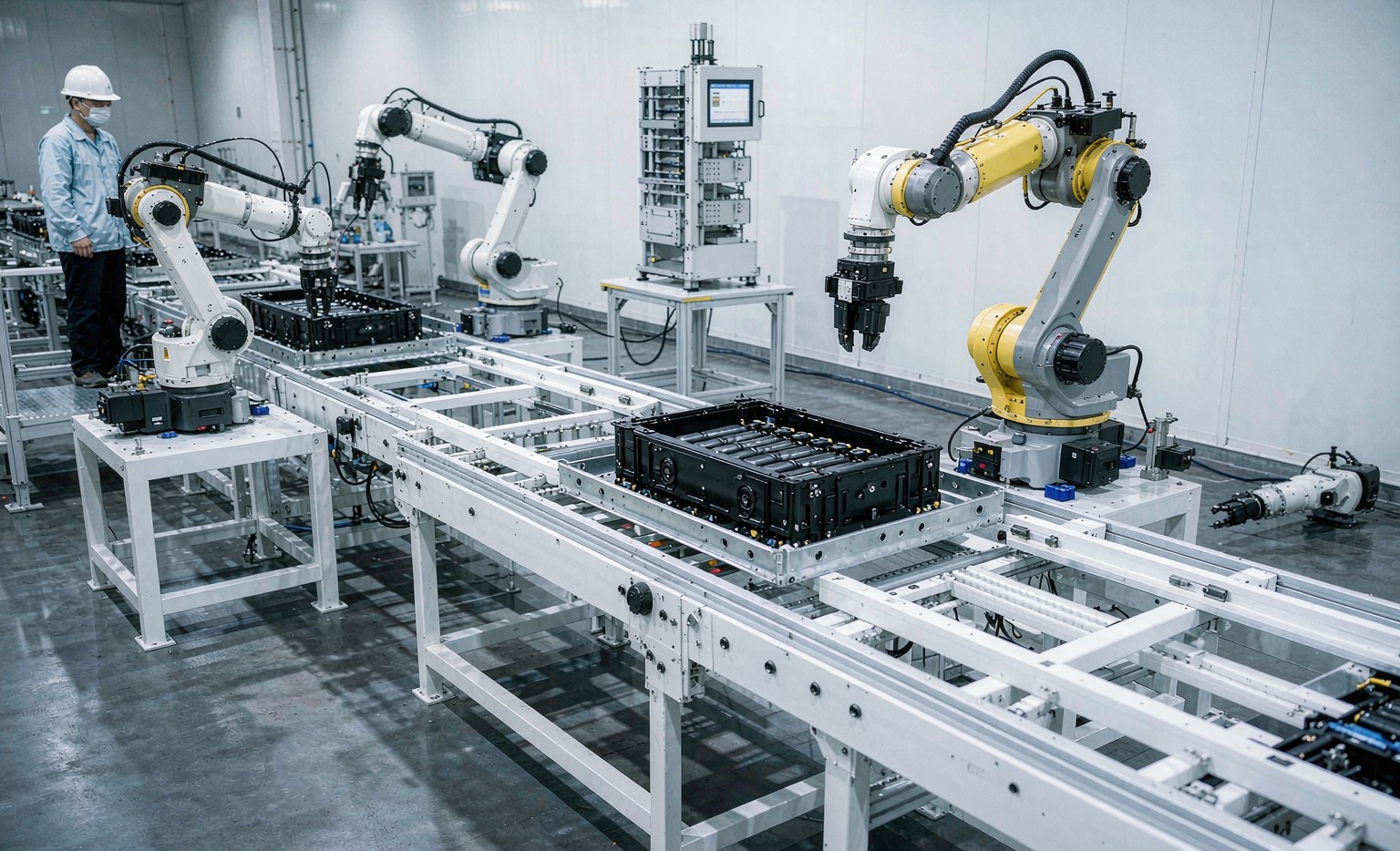 Laser Welding Robots in EV Battery Manufacturing Automated EV battery module assembly line with multiple robots