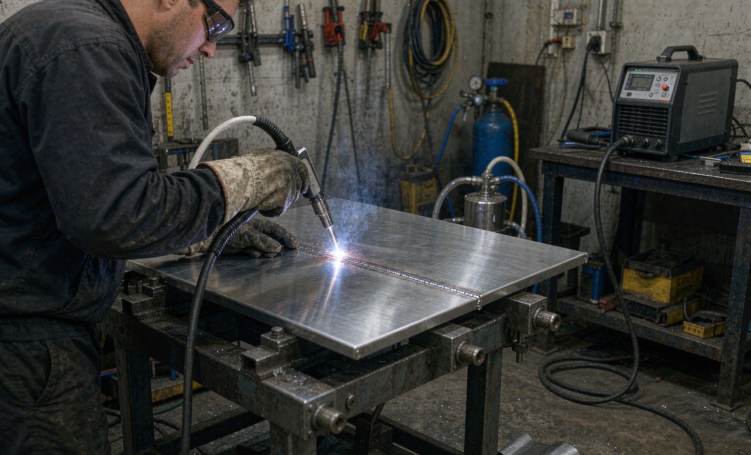 Handheld vs Robotic Laser Welding: How to Choose the Right Entry Point for Your Shop Worker using a handheld laser welding torch on stainless steel in a workshop