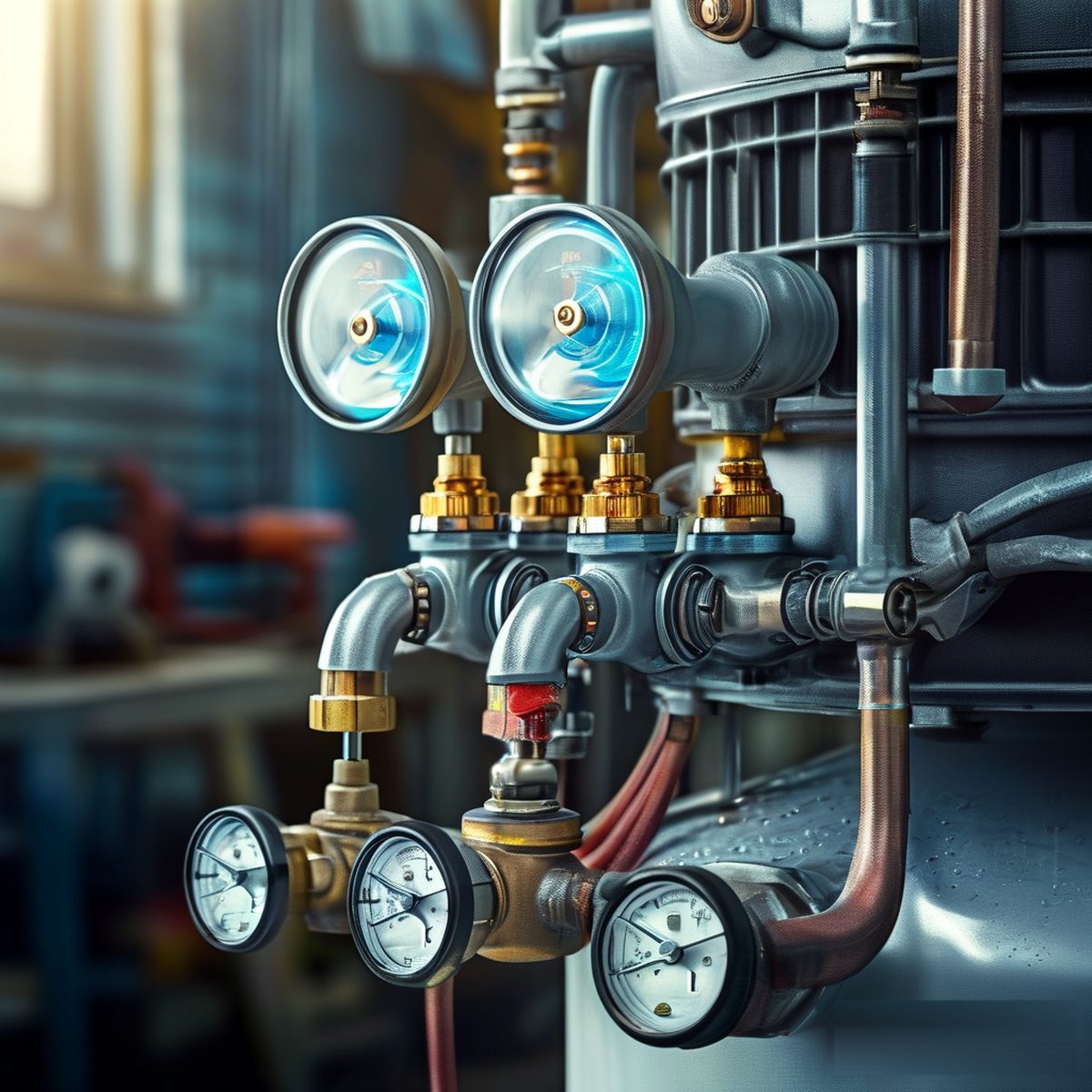 Industrial water chiller unit with coolant sight glass and connected hoses