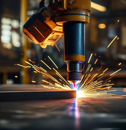 Soldadura con láser de fibra portátil que produce chispas brillantes sobre una pieza de acero