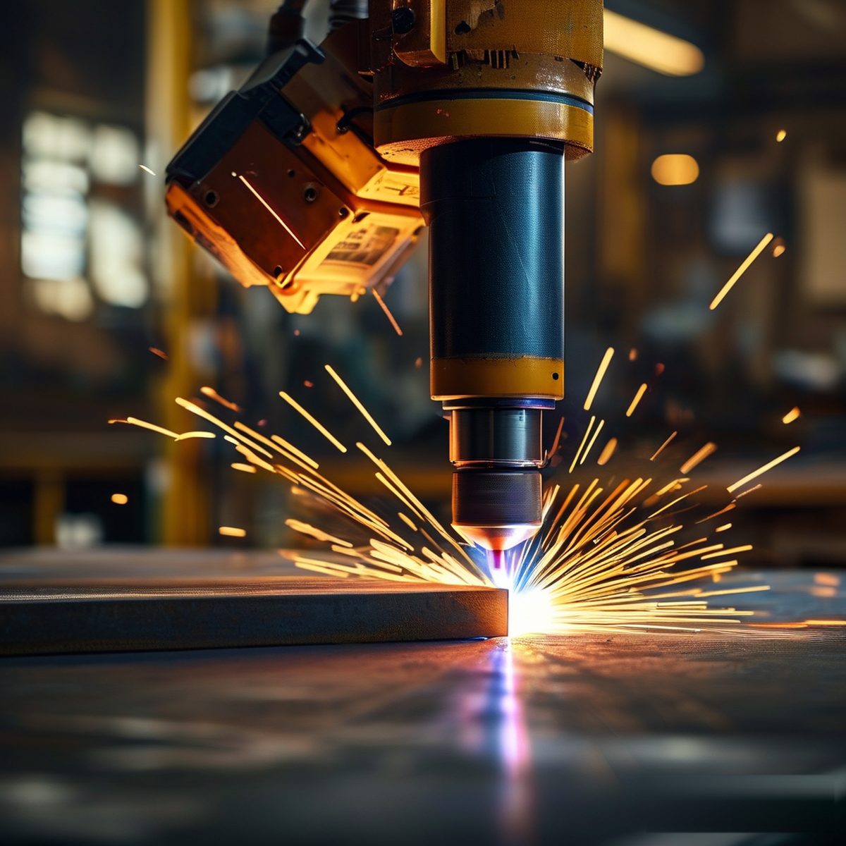Handheld fiber laser welding producing bright sparks on a steel workpiece